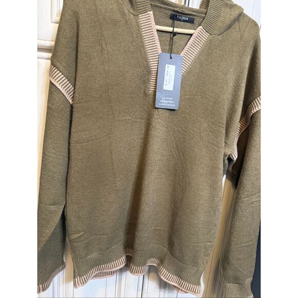 Valolia Women's V-Neck Hooded Knit Pullover Sweater Olive Green Size Medium NWT - Picture 8 of 12